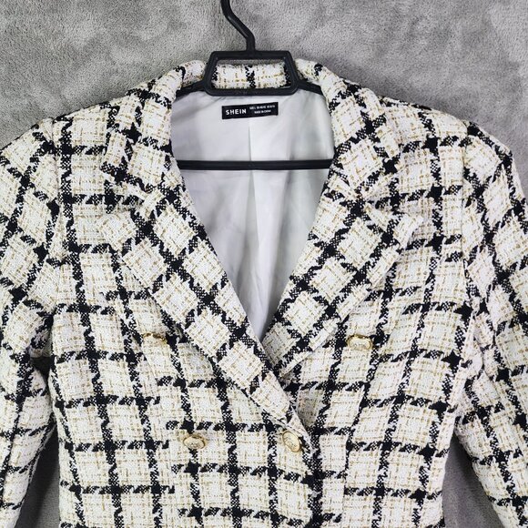Womens Shein Black White & Gold Checkered Tweed Blazer Jacket Double Breasted L - Picture 4 of 11